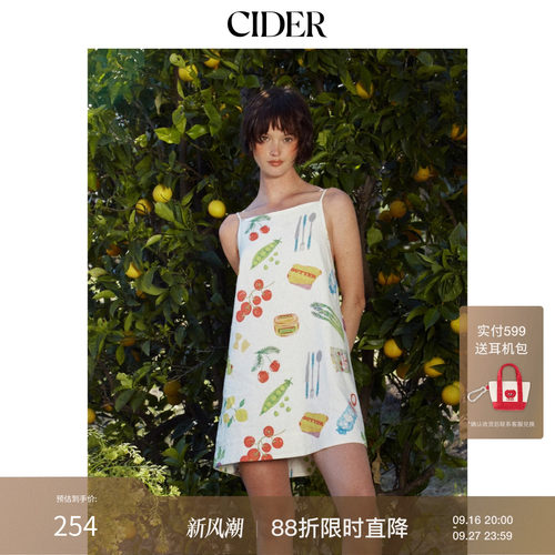 CIDER2026早秋穿搭亚麻混纺水果印花高腰A字迷你连衣裙115329403