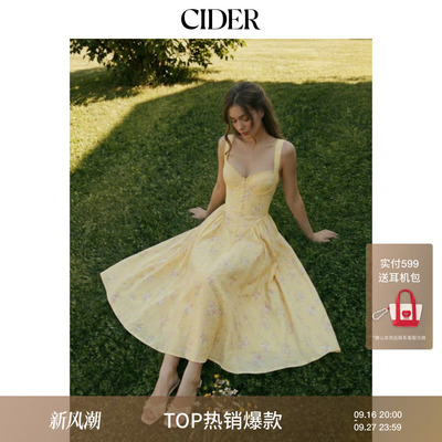 CIDER2026早秋季新品碎花心形领褶裥中长连衣裙115485464