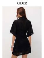 CIDER velvet mesh stand-up collar ruffled sleeve A-line mini dress 115798260 thumbnail 3
