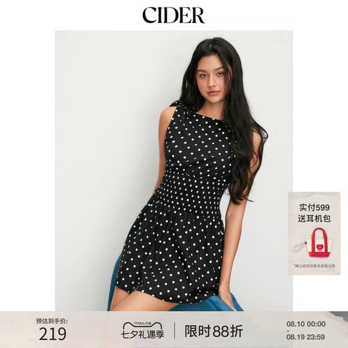 CIDER棉混纺波点蝴蝶结抽褶A字迷你连衣裙115149123