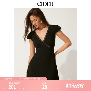 CIDER2026春季新品雪纺V领泡泡袖蕾丝拼接A字迷你连衣裙115393299