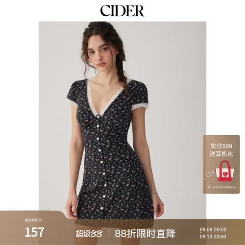 CIDER2026早秋穿搭碎花V领蕾丝边高腰A字迷你连衣裙115285474