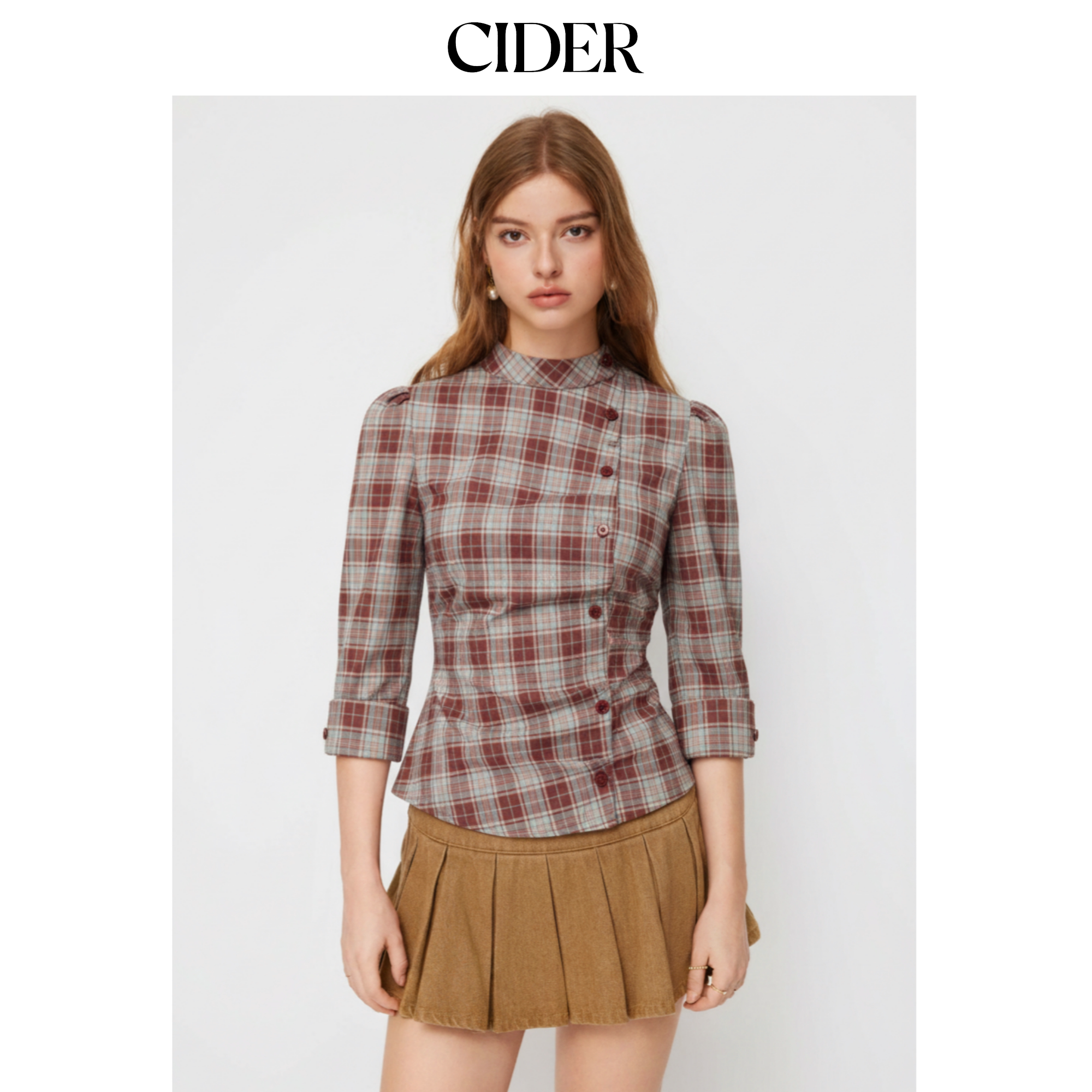 CIDER格纹翻领不对称中长袖上衣115152025图片