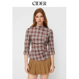 上衣115152025 CIDER格纹翻领不对称中长袖