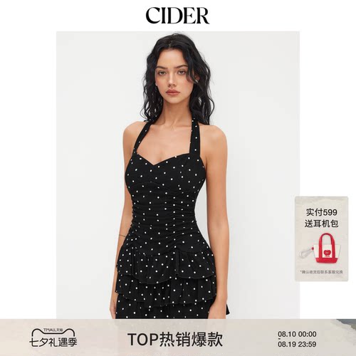 CIDER美式棉质挂脖波点裙褶皱层叠迷你吊带连衣裙114668840
