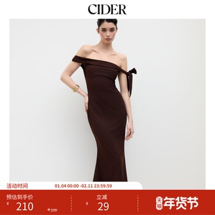 CIDER露肩蝴蝶结美人鱼一字肩长款收腰连衣裙114444307
