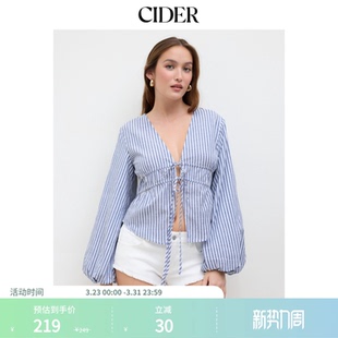 衬衫 棉V领条纹系带抽褶长袖 CIDER正品 113339858 明星同款