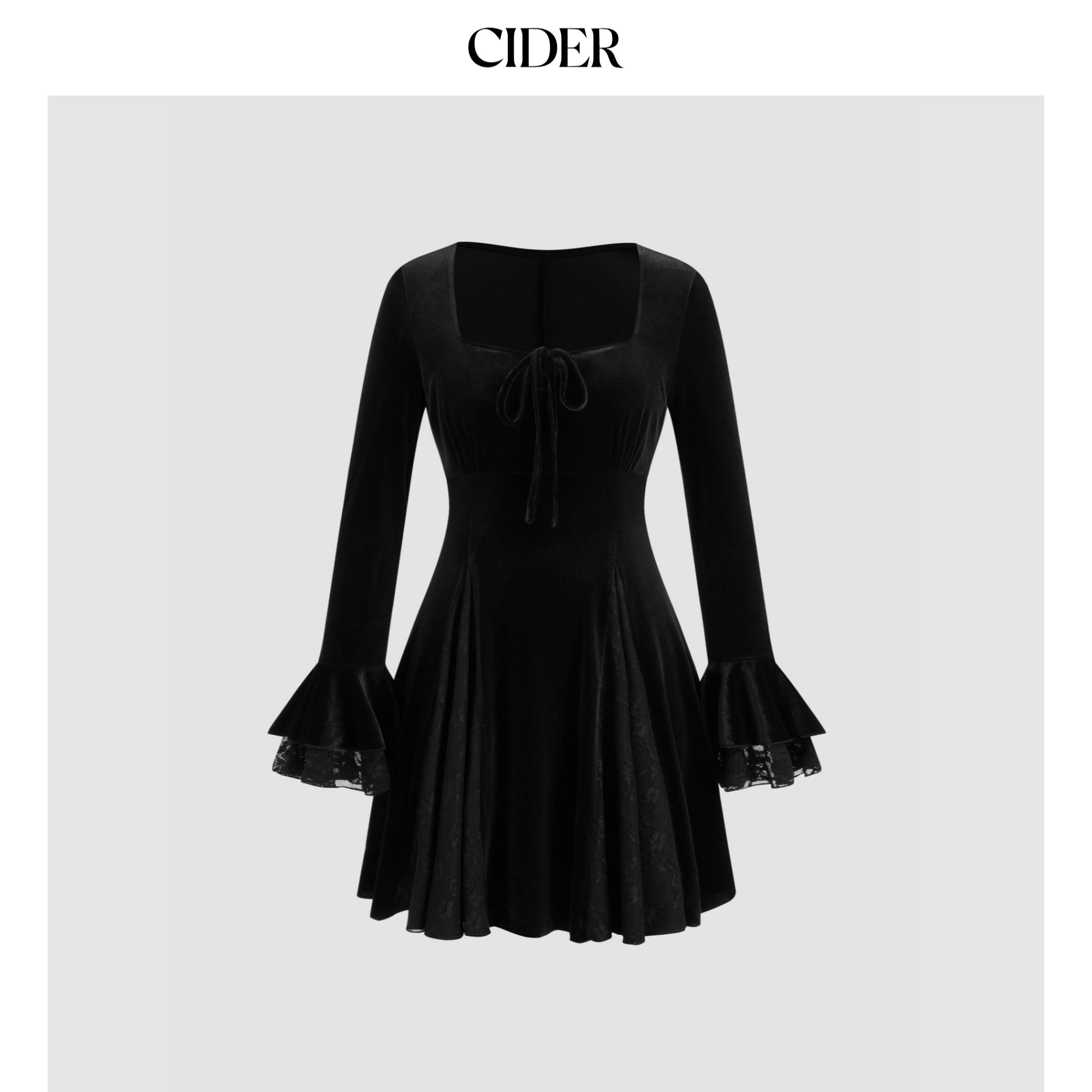 CIDER秋冬女装丝绒撞色蕾丝蝴蝶结迷你连衣裙114911764