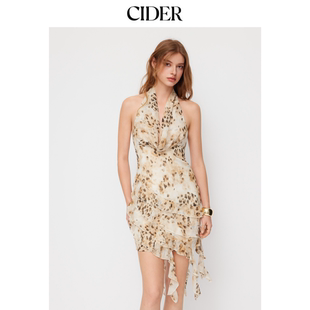 114730964 CIDER挂脖豹纹层叠不对称褶边迷你连衣裙女装