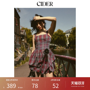 【灿宝同款】CIDER2026秋季格纹网纱花苞短款褶皱连衣裙115529007