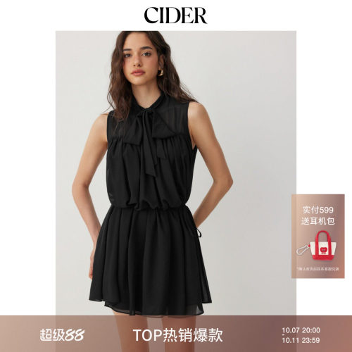 CIDER雪纺立领系带荷叶边A字迷你连衣裙配丝巾115378583