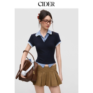 蕾丝镶边翻领T恤114575369 CIDER双色格纹拼接假两件短袖