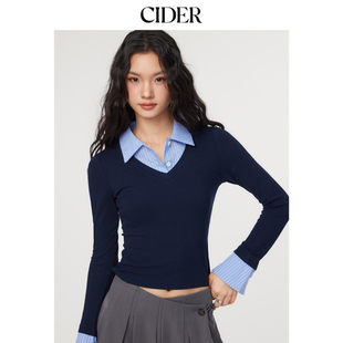 CIDERmiu系假两件V领条纹翻领学院风衬衫 114068265 明星同款