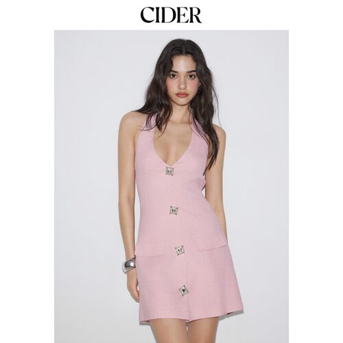 CIDER2026春季新品挂脖水钻纽扣A字迷你连衣裙115328387