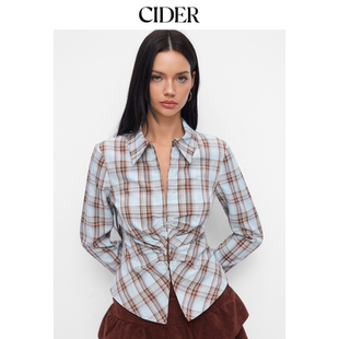 上衣115041488 CIDER翻领格纹褶皱长袖