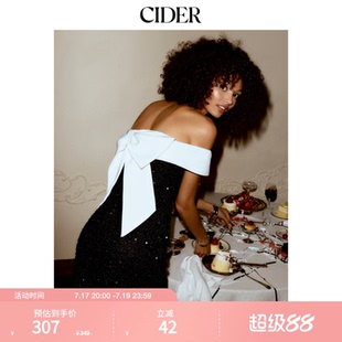 【明星同款】CIDER亮片一字肩纯色蝴蝶结迷你连衣裙113344846