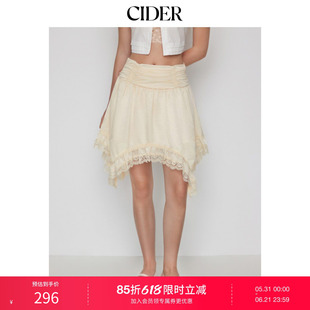 CIDER缎面蕾丝褶边中腰不对称下摆迷你半身裙115229500