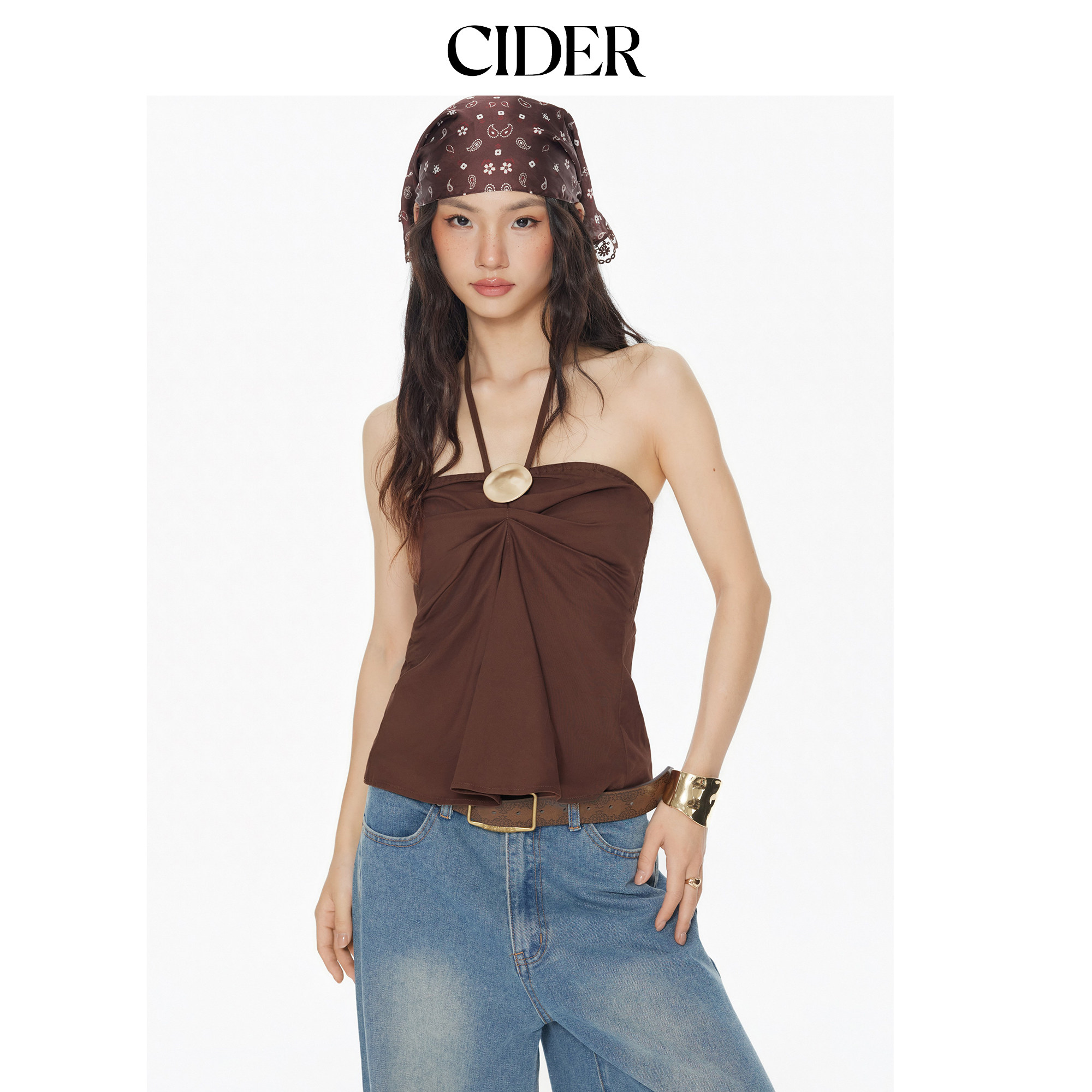 CIDER棉挂脖吊带背心抽褶设计感金属饰上衣女114619009图片