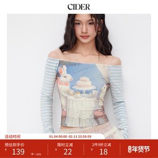 CIDER 棉落肩设计甜辣风兔子印花条纹拼接T恤女114841798