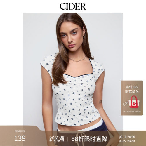 CIDER2026秋季新品小碎花心形领抽褶撞色镶边T恤115538329