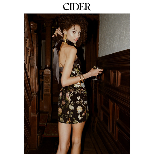 CIDER美式a字提花碎花约会抹胸迷你连衣裙配蝴蝶结丝巾115009973
