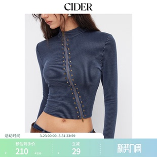 CIDER金属拉链细节条纹高领不对称长袖 上衣114871755