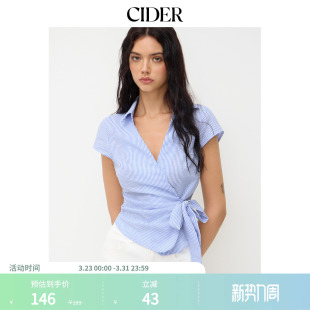 114632557 女装 CIDER好看单穿衬衫 棉质条纹系带翻领衬衫