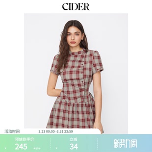 CIDER美式 系带迷你连衣裙114992258 格纹翻领泡泡袖