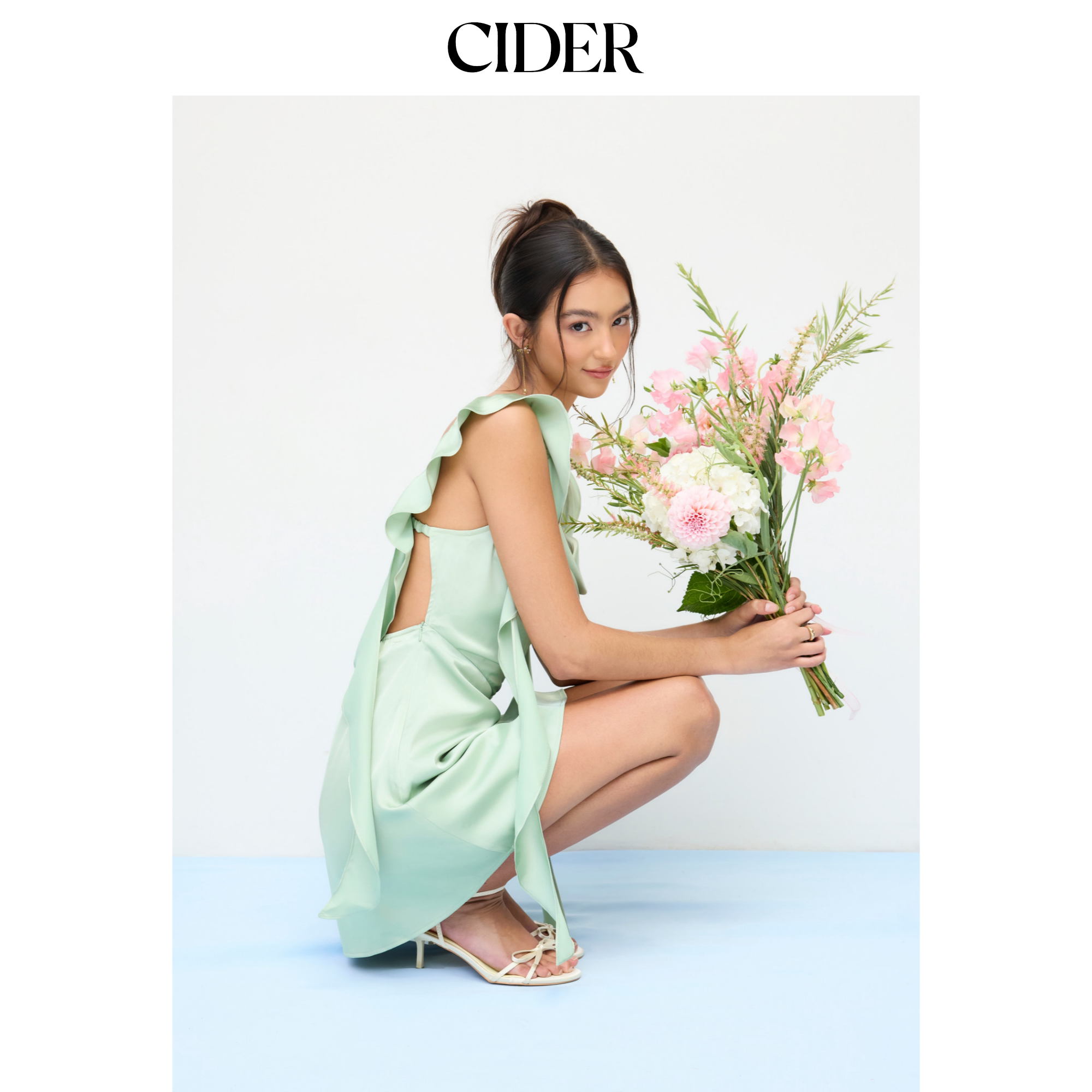 CIDER缎面桃心领荷叶边露背迷你连衣裙114793420图片