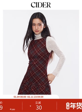 【明星同款】CIDER新年穿搭格纹格子美式复古红色连衣裙114054255