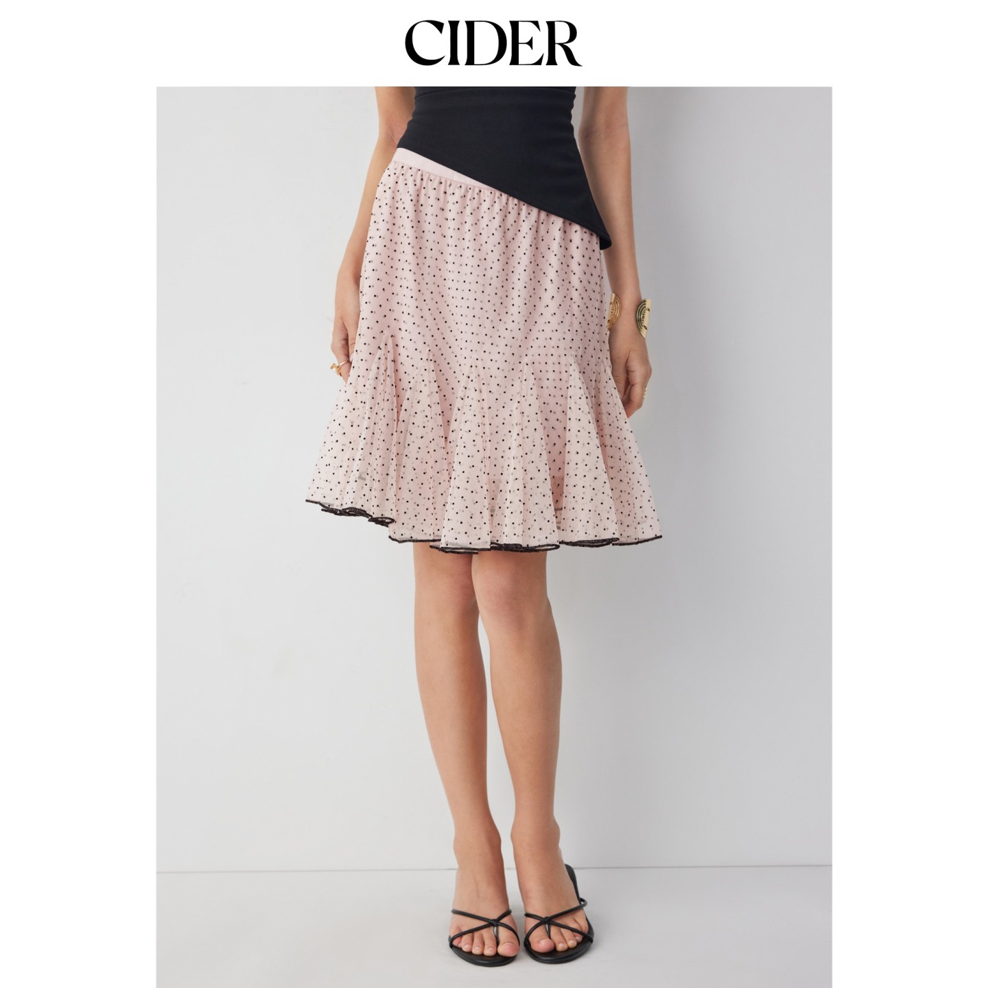 CIDER2026早秋季新品网眼低腰波点荷叶边中长半身裙115616104图片