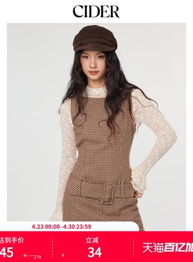 CIDERchic风格纹无袖棕色短款千鸟格美式复古连衣裙114792418