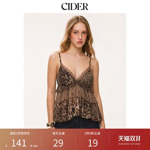 CIDER豹纹雪纺V领蕾丝边吊带上衣115132144
