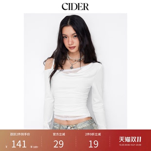 【明星同款】CIDER美式不对称领口长袖蕾丝褶皱上衣114993948