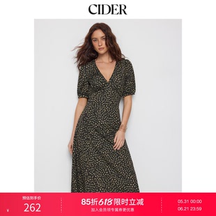 CIDER2026春季新品波点V领蝴蝶结泡泡袖中长连衣裙115158123