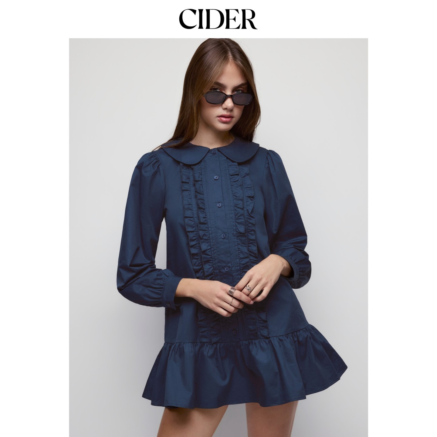 CIDER棉彼得潘翻领灯笼袖荷叶边宽松A字迷你连衣裙115769340图片