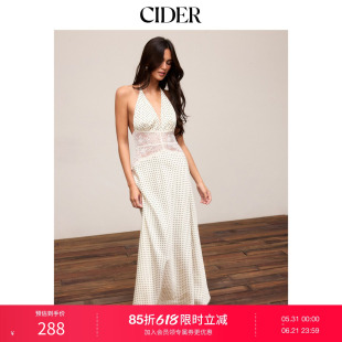 CIDER2026春季新品缎面波点V领蕾丝鱼尾长连衣裙115395350