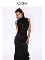 CIDER2026 Autumn New Collection: Flocked Aztec patterned stand-up collar lace patchwork fitted vest 115725482 thumbnail 3