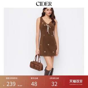 CIDER可爱风灯芯绒碎花V领蕾丝边蝴蝶结迷你连衣裙114830585