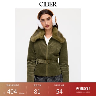 CIDER灯芯绒仿皮草镶边翻领束腰夹克114936729