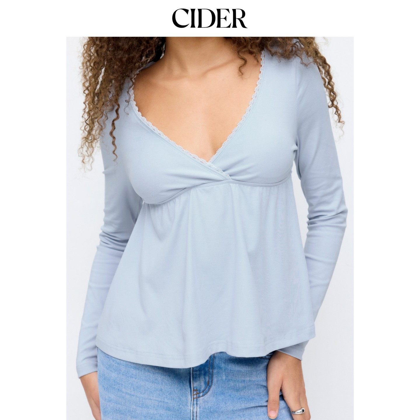 CIDER2026早秋穿搭棉混纺V领荷叶边娃娃衫长袖上衣115195509图片