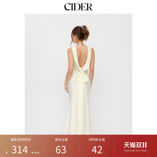 CIDER秋季新品缎面船领露背蝴蝶结鱼尾长连衣裙115528024