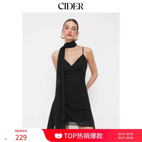 CIDER雪纺V领A字迷你连衣裙（配丝巾）115149300