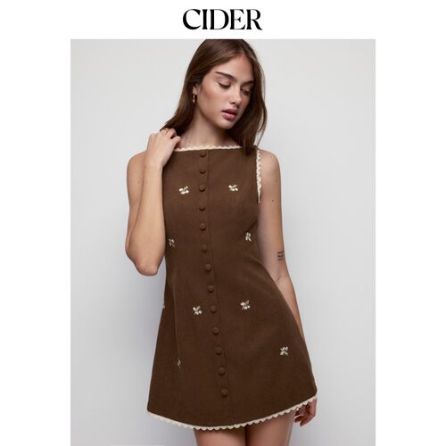 CIDER灯芯绒碎花印花船领蕾丝镶边A字迷你连衣裙115761811