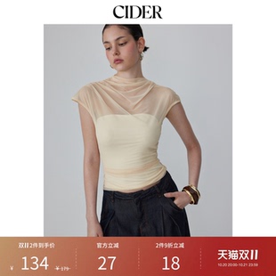 CIDER2026早秋季新品网纱高领无袖不对称垂褶上衣115365842