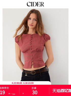 CIDER2026春季新品红色格纹方领泡泡袖短上衣115167838
