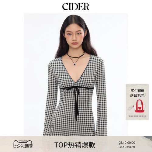 CIDER春秋新品女装V领格纹蝴蝶结迷你连衣裙114029678