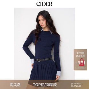 CIDERmiu系学院风针织翻领假两件束腰百褶连衣裙附腰带114959219