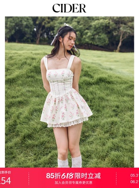 CIDER亚麻碎花镶边系带短款吊带连衣裙女装114606569