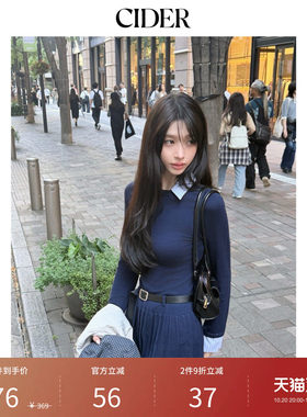 学院风针织翻领假两件百褶连衣裙